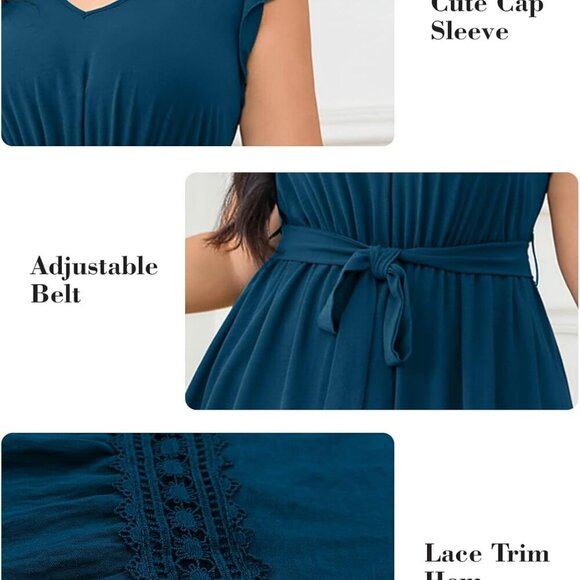 Women Plus Size Summer Maxi Dress V Neck Cap Sleeves Casual Formal - Picture 2 of 6